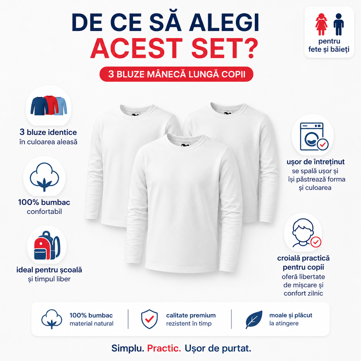 Caracteristici set 3 bluze m&acirc;necă lungă copii, bumbac de calitate, design modern și &icirc;ntreținere ușoară